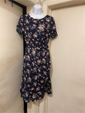 Yuna Floral V-Neck Ruffle A-Line Midi Dress S/M Cotton Blend Woven
